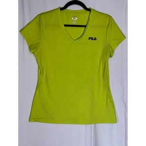 Fila Sport Womens Neon Lime Green V-Neck Short Sleeve Activewear T-Shirt Large